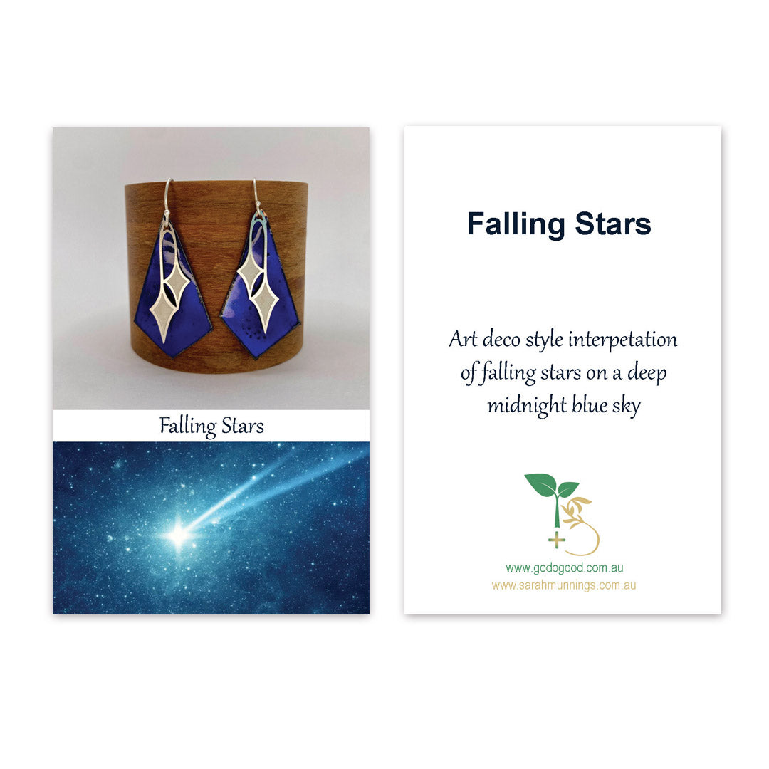 Falling Star earrings with blue enamel