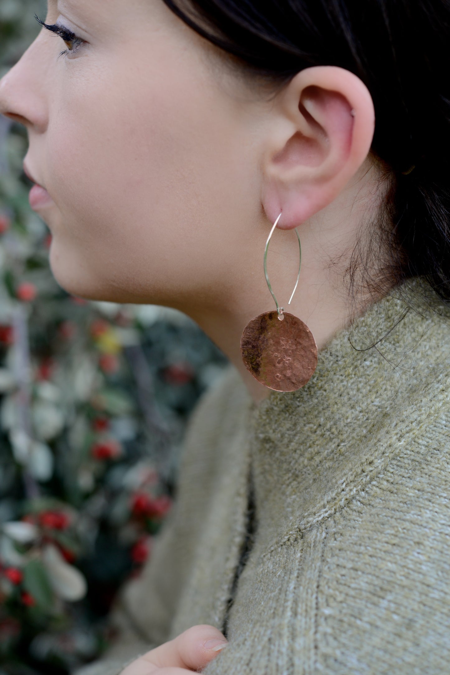 Round beaten copper earrings 30mm diameter