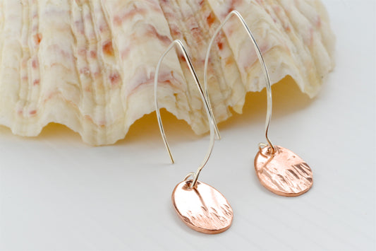 Oval Beaten Copper earrings 16mm length on marquis hook